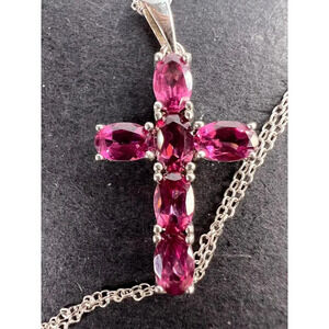 Raspberry rhodolite garnet cross pendant and chain necklace in sterling silver